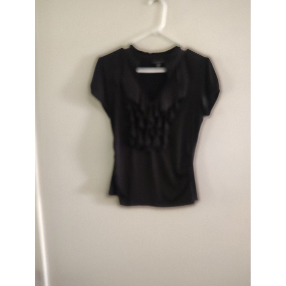 Thirty Thirty Womens Black Ruffle Front Short Sleeve Blouse Top Size M